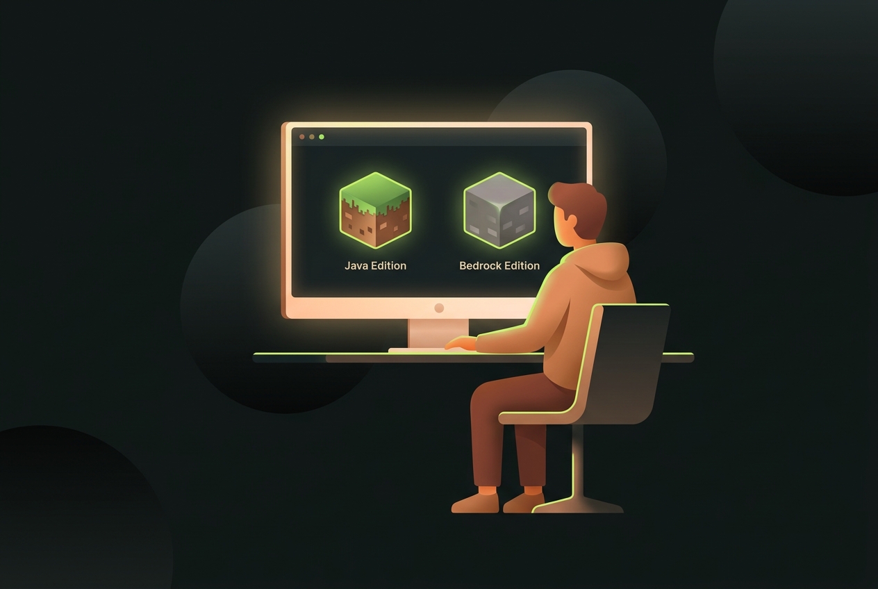 Лаунчер Майнкрафт с выбором версии Java или Bedrock на экране компьютера