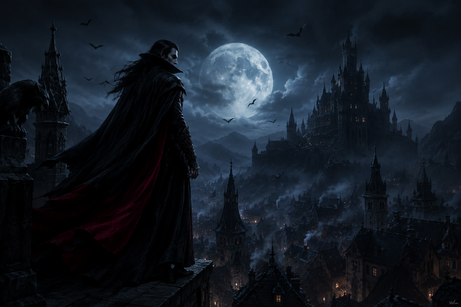 Вампир-протагонист The Blood of Dawnwalker на фоне ночного города