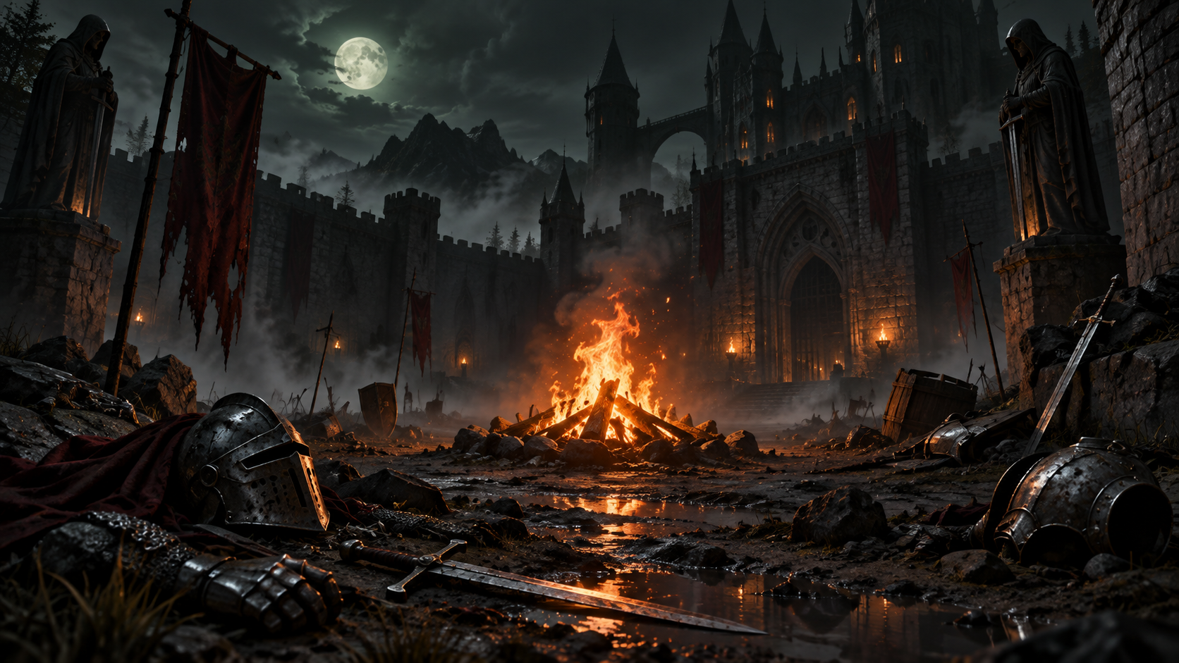 Мрачный замок с костром в центре двора, иллюстрация к Dark Souls
