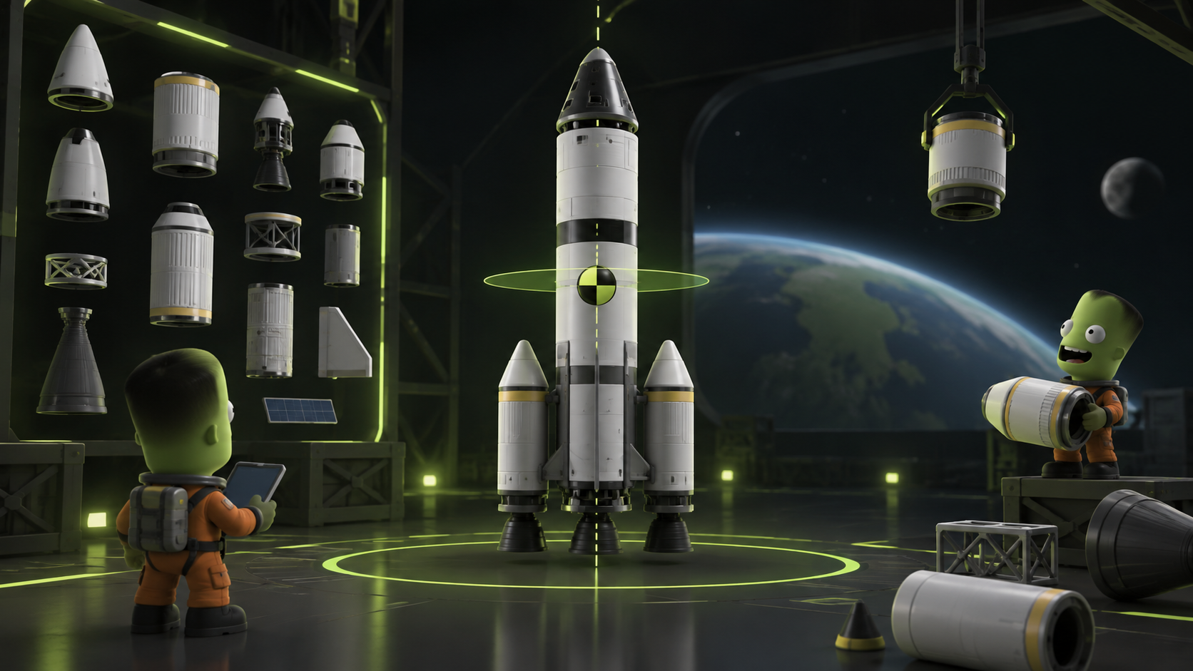Редактор ракет в Kerbal Space Program с деталями и центром масс