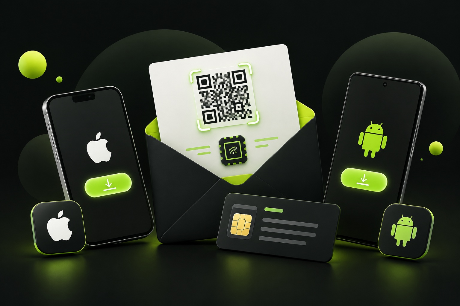 Письмо с QR-кодом eSIM США: кнопки установки для iPhone и Android, данные для ручного ввода