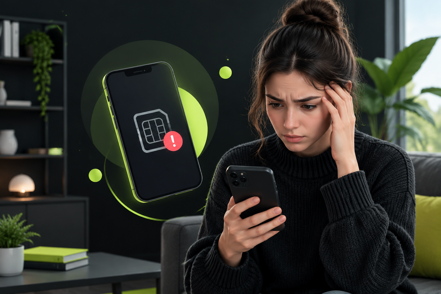 Экран телефона с ошибкой установки eSIM, пользователь смотрит на устройство