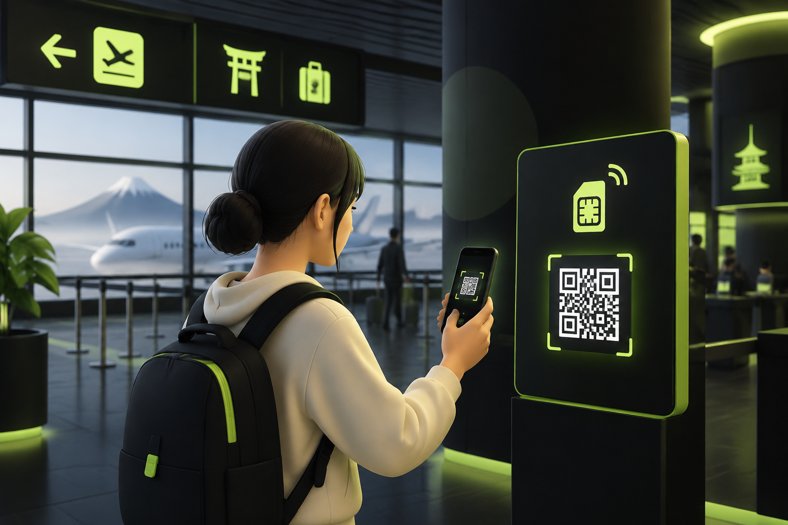 Турист сканирует QR-код eSIM в аэропорту