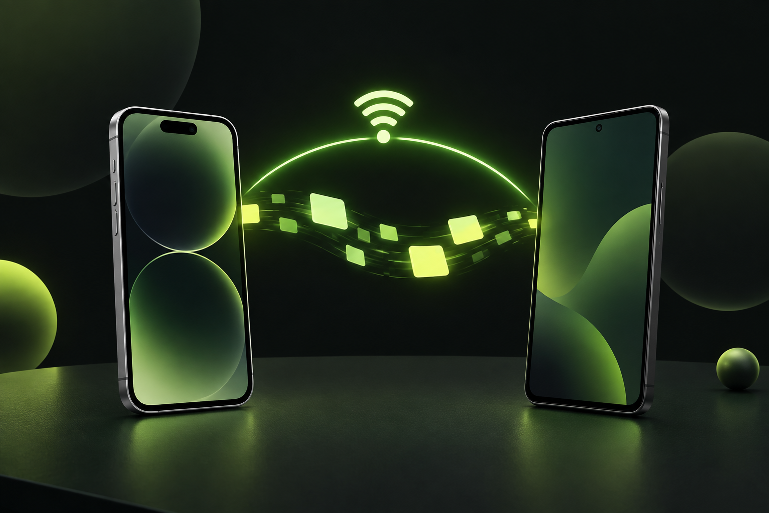 Перенос данных между iPhone и Android: два телефона рядом с символом беспроводной передачи данных