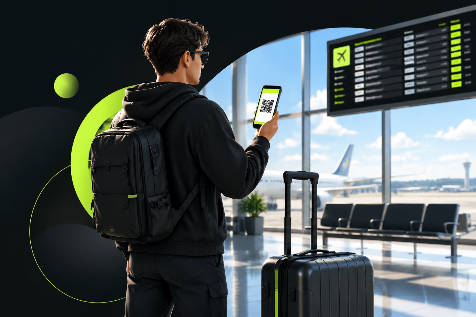 Турист сканирует QR-код eSIM на телефоне перед вылетом