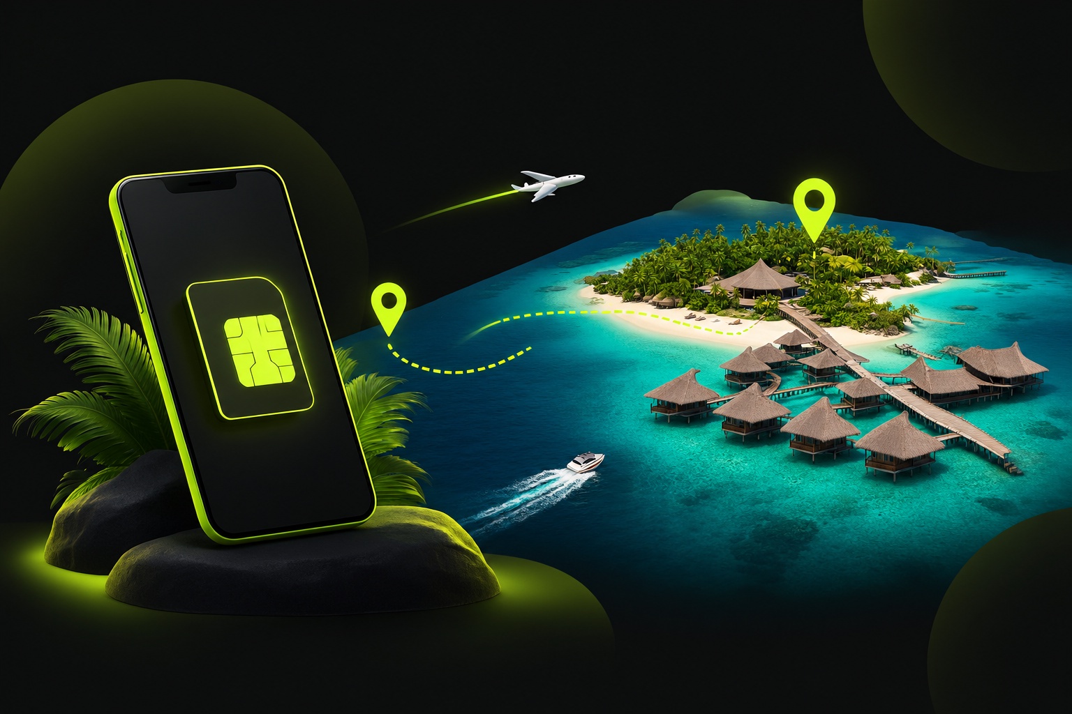 Смартфон с eSIM на фоне островного курорта