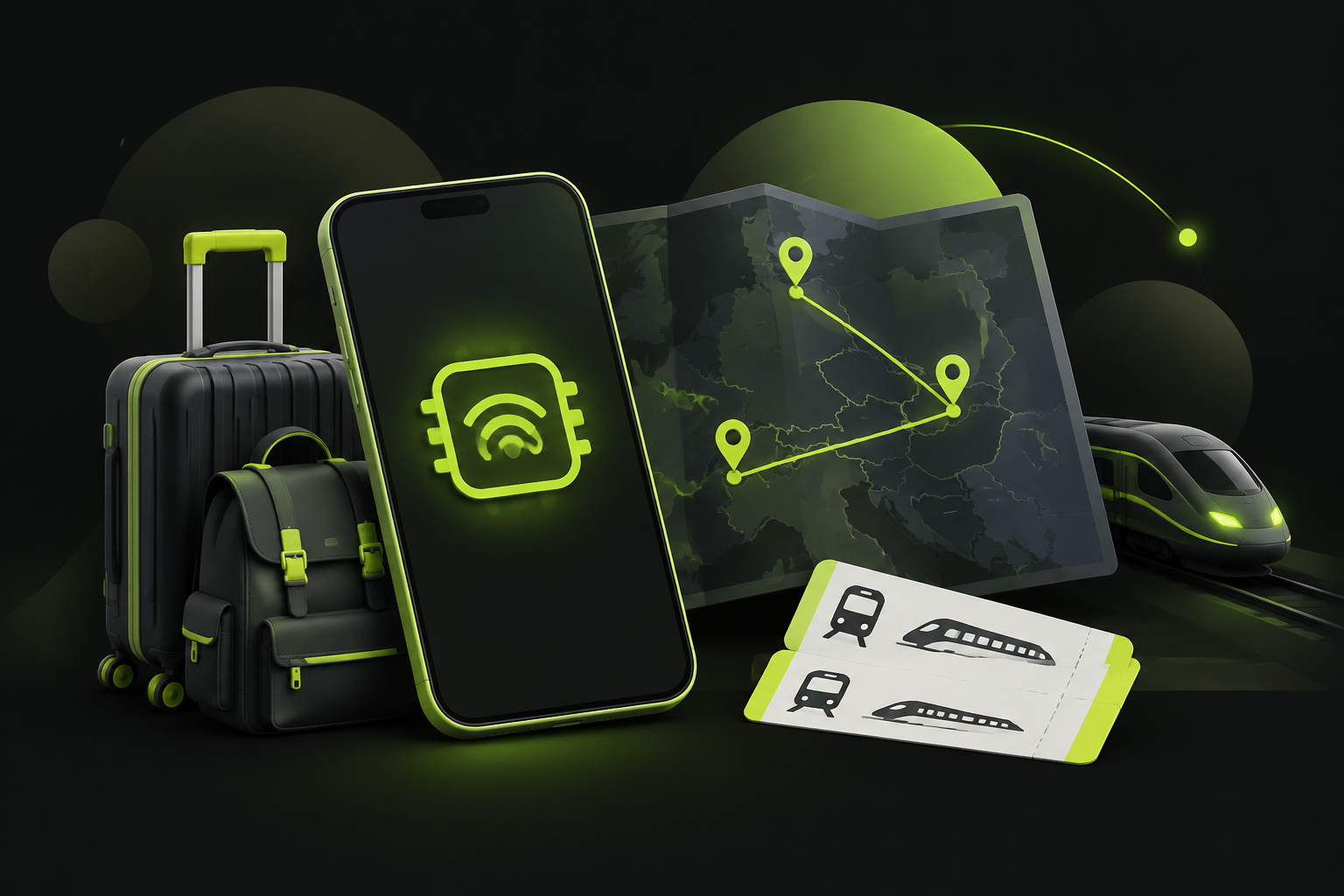 Смартфон с eSIM рядом с маршрутом по Европе
