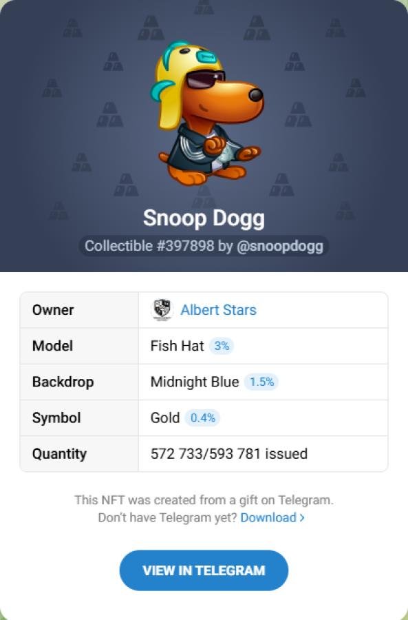 Купить NFT‑подарок Snoop Dogg #397898 — коллекционный Telegram Gift