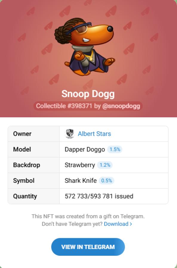 Купить NFT‑подарок Snoop Dogg #398371 — коллекционный Telegram Gift