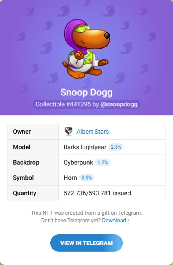 Купить NFT‑подарок Snoop Dogg #441295— коллекционный Telegram Gift
