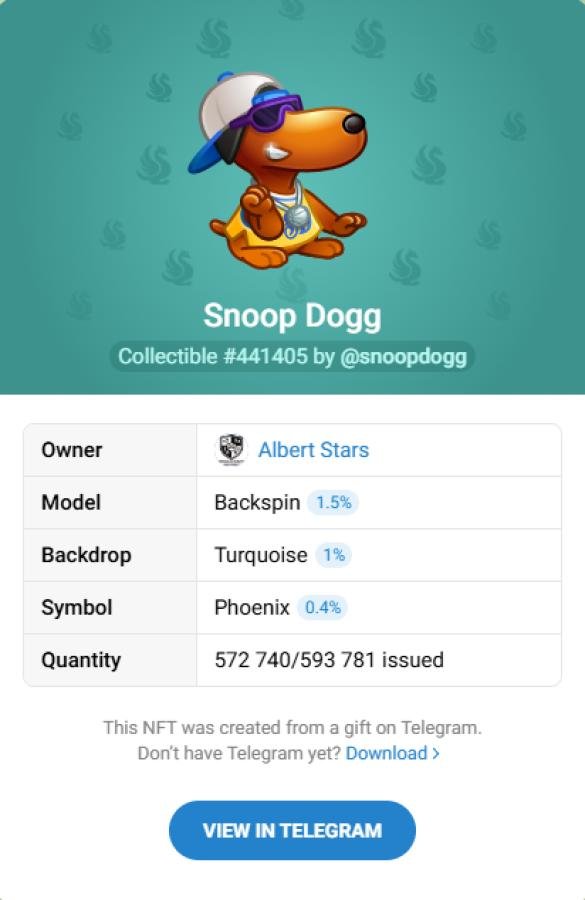 Купить NFT‑подарок Snoop Dogg #441405— коллекционный Telegram Gift