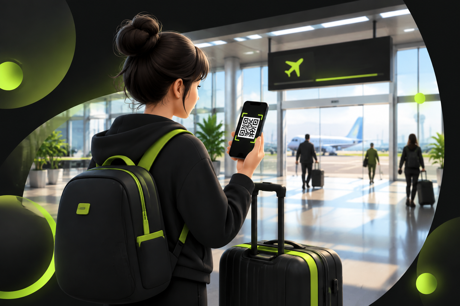 Турист с телефоном и QR-кодом eSIM в зале прилёта аэропорта