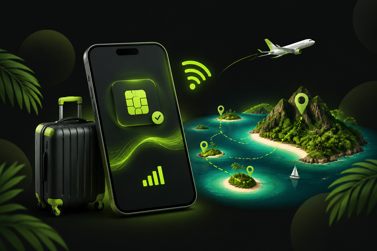 Смартфон с eSIM рядом с маршрутом по Карибам