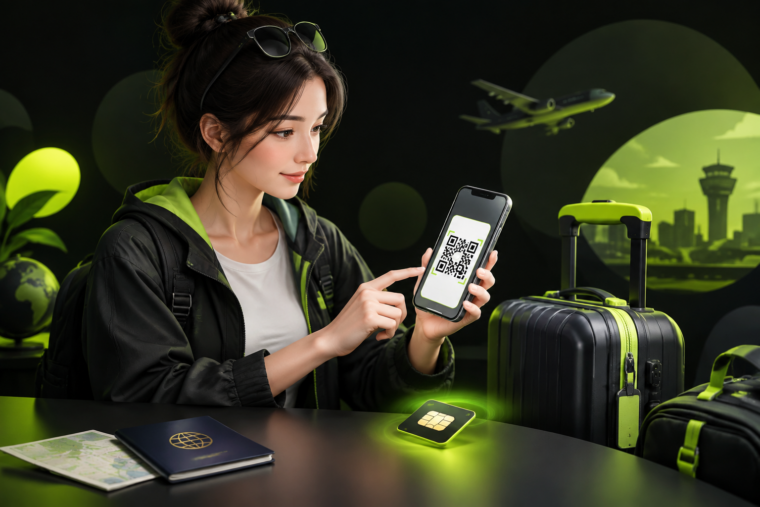 Телефон с QR-кодом eSIM рядом с дорожным багажом
