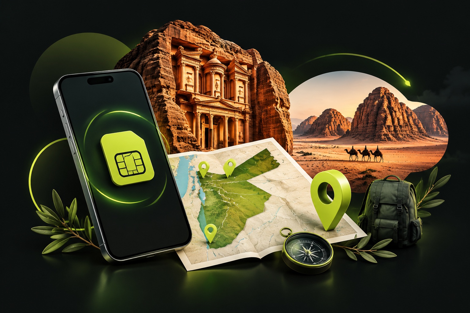 Смартфон с eSIM рядом с картой Иордании