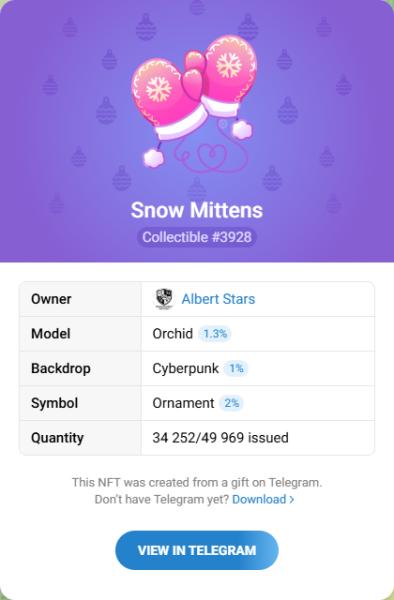 NFT подарок Snow Mittens #3928