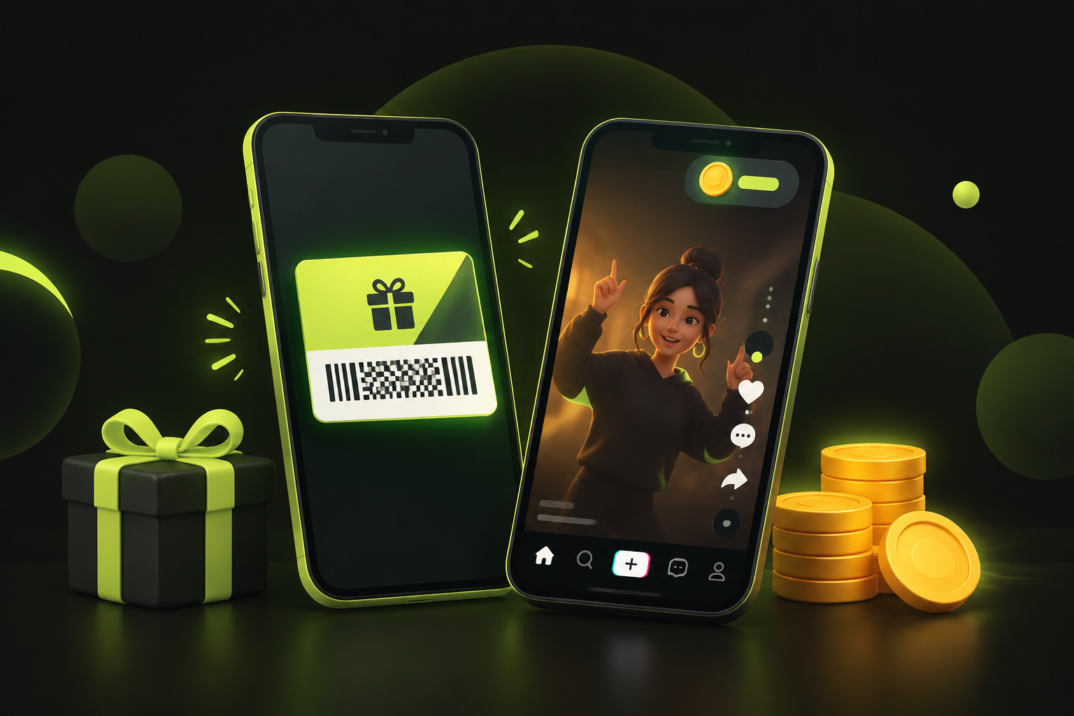 Цифровой код подарочной карты на экране смартфона рядом с интерфейсом TikTok