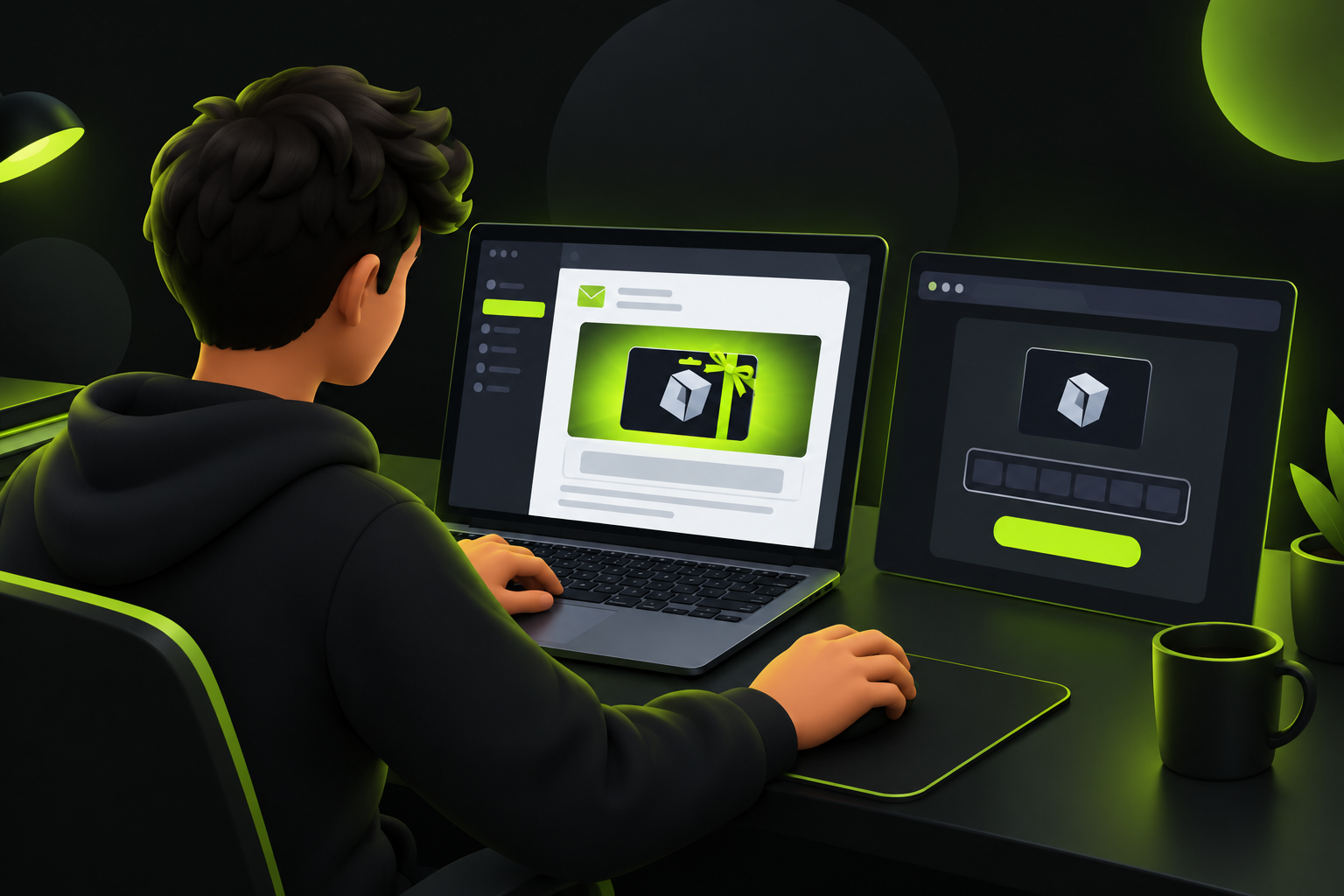 Покупатель проверяет письмо с кодом Roblox на ноутбуке
