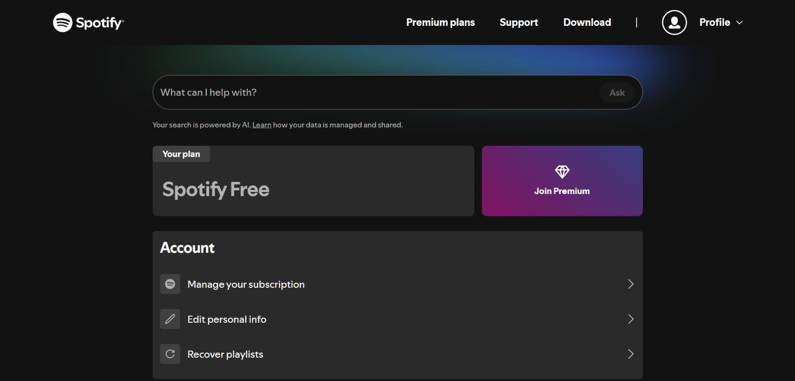 Страница аккаунта Spotify с тарифом Premium
