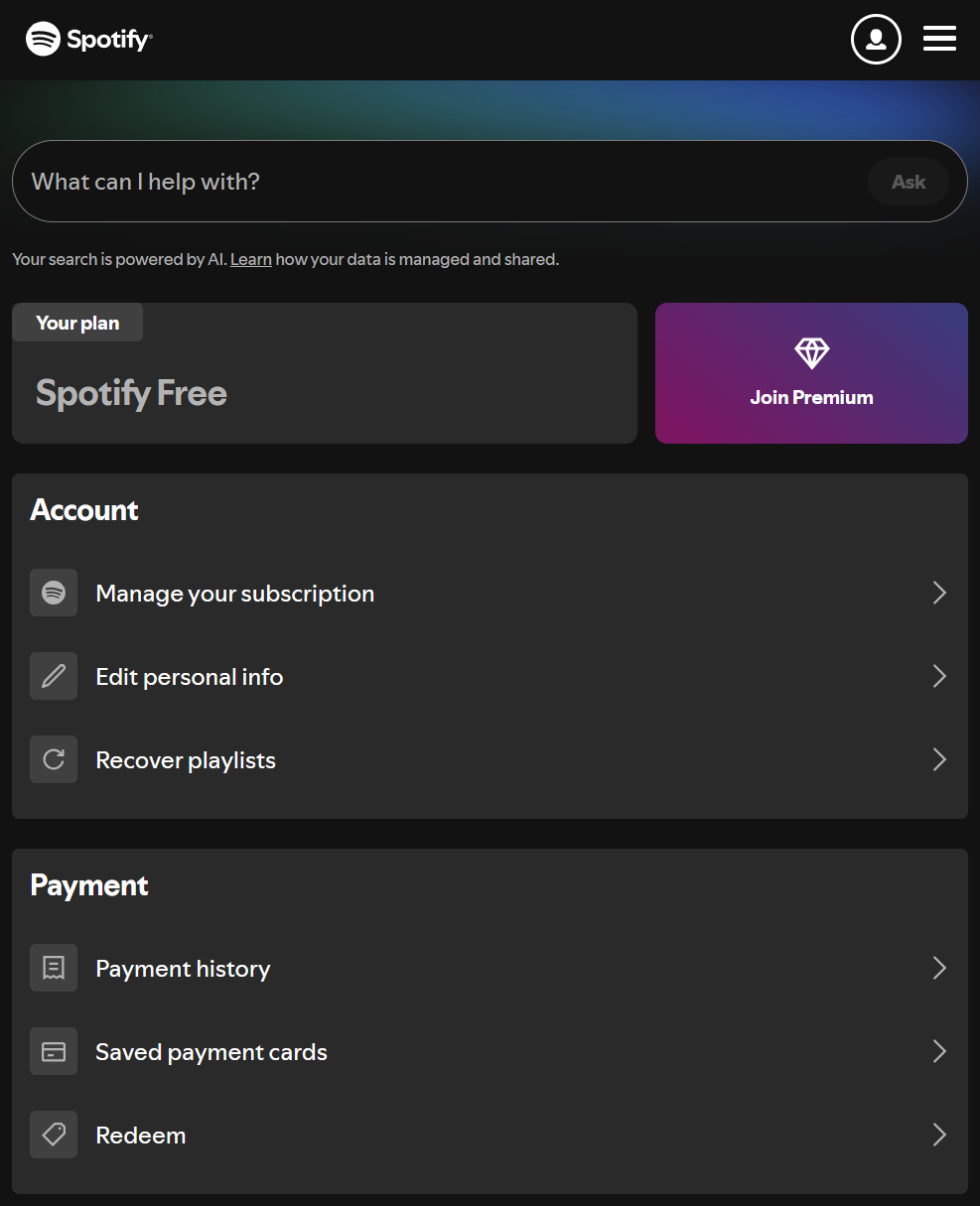 Страница аккаунта Spotify с текущим тарифом